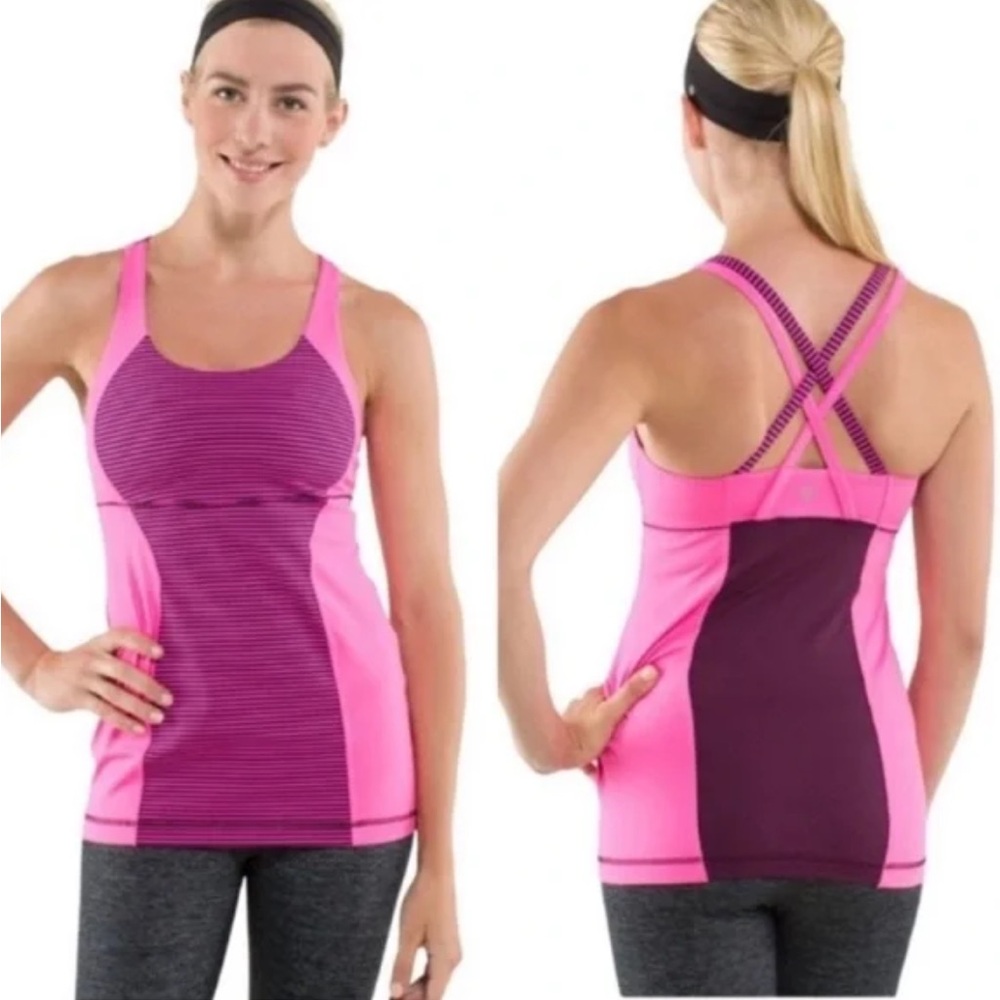Lululemon Athletica Pink and Purple Striped Tank top size 8 yoga gym